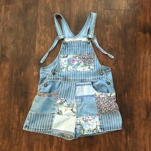 Express Vintage Denim Short Patchwork Floral Overalls